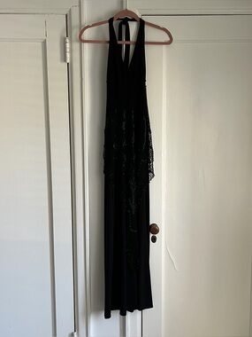 Black Halter Jumpsuit with Beaded Overlay